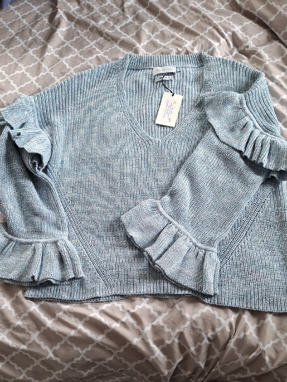 Eleven Six Ruffled V-Neck Sweater in Light Blue -  New